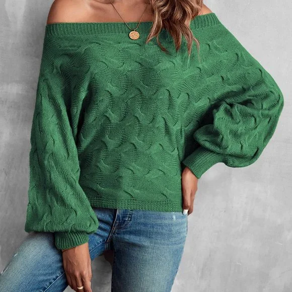 New Off Shoulder Batwing Sleeve Textured Sweater Green - Picture 7 of 7